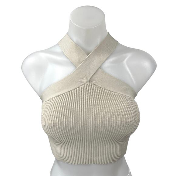 Aritzia Babaton Sculpt Beige Ribbed Knit Criss Cross Sleeveless Crop Tank Top XS - Picture 5 of 10